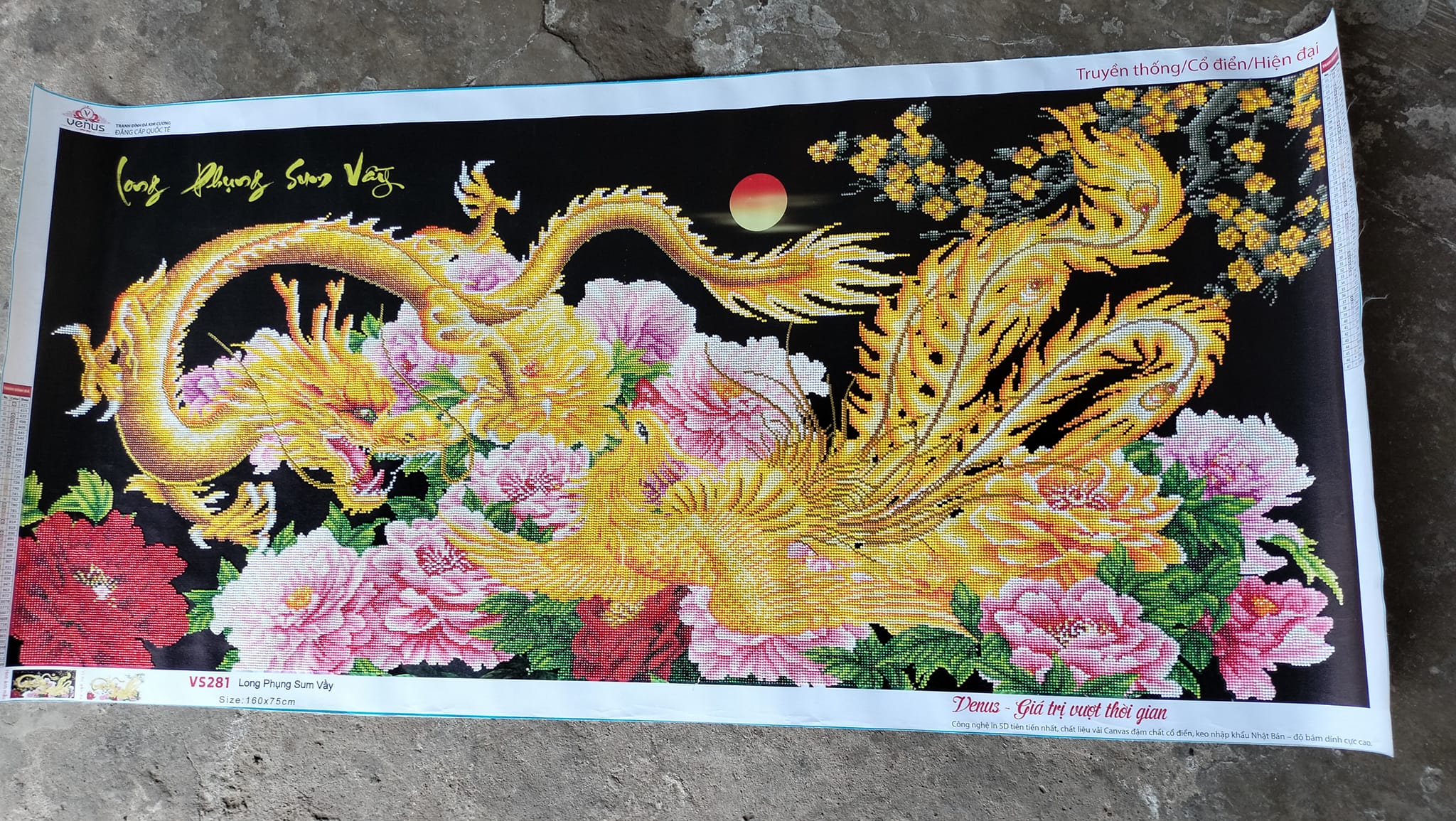 [160x75cm]Tranh đính đá Long Phụng Sum Vầy - tranh chưa gắn đá