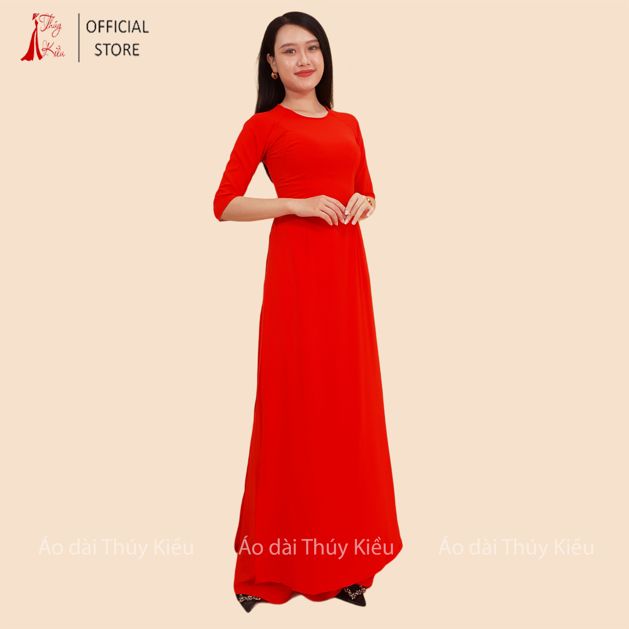 Áo dài trơn lụa Nhật cổ tròn màu đỏ cam AK29 ❤️FREESHIP❤️ mềm mại, co giãn, thấm hút mồ hôi, áo dài truyền thống, áo dài giá rẻ