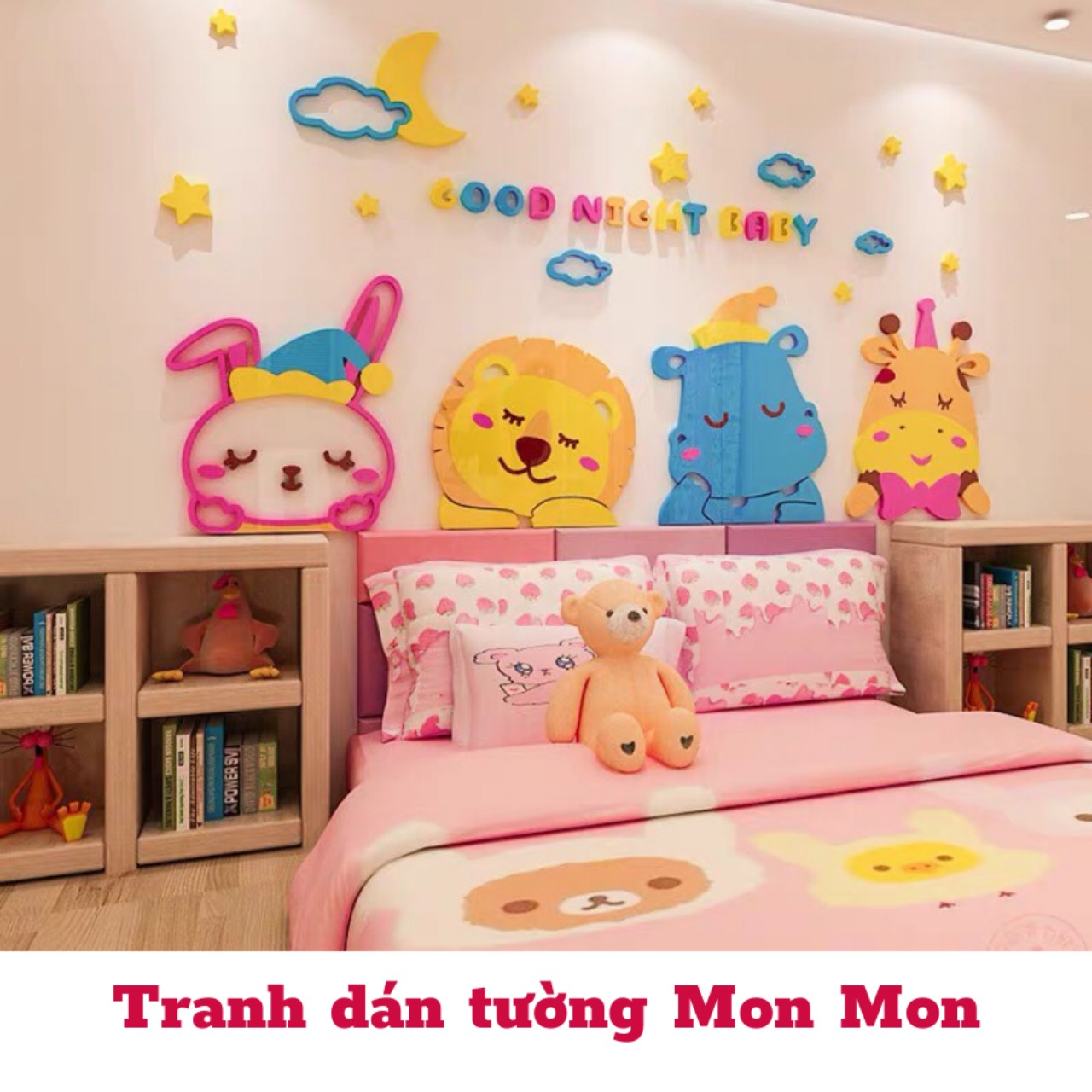 Tranh dán tường Mon Mon - Decal mica 3D động vật dễ thương trang trí phòng ngủ, tranh dán tường chúc bé ngủ ngon, good night baby