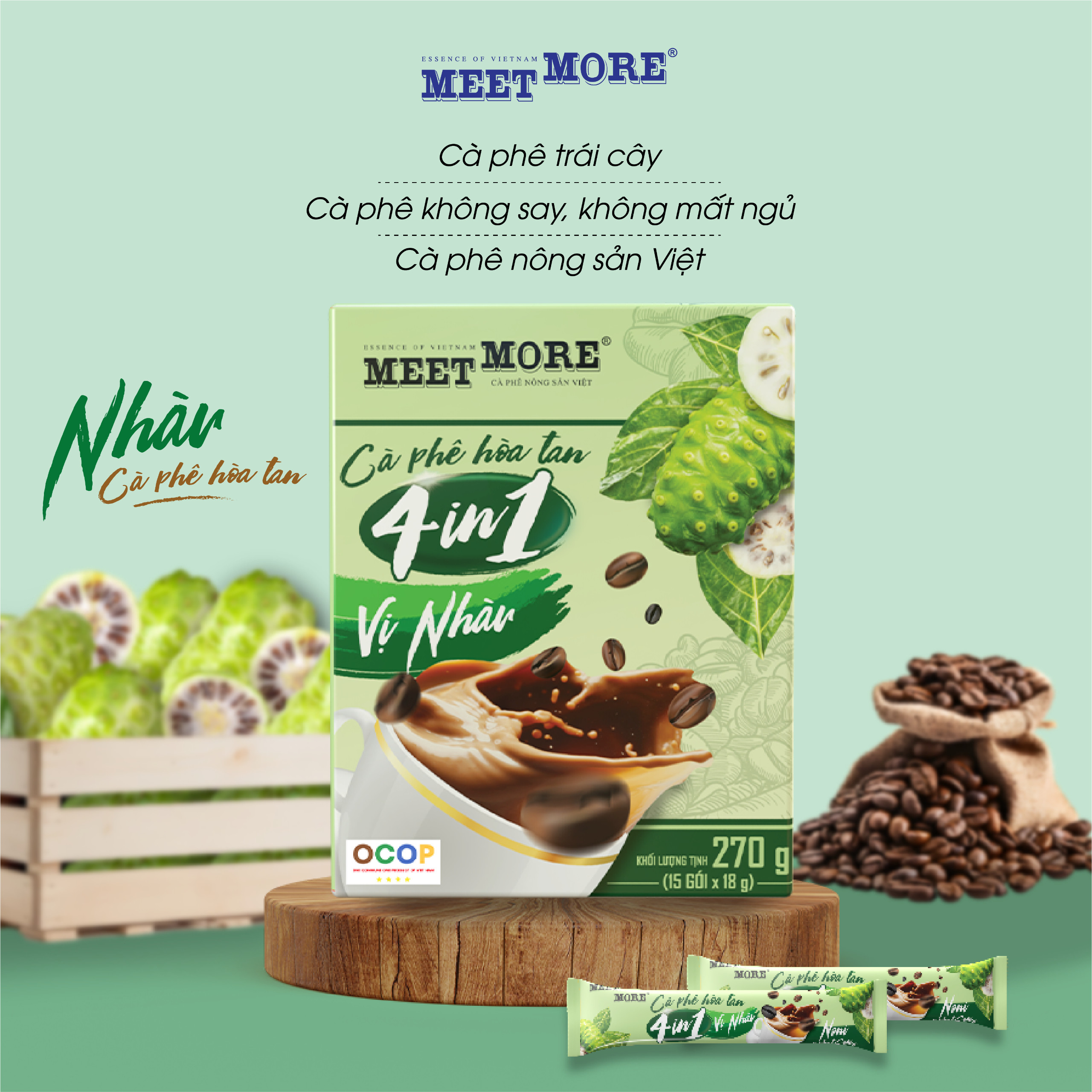 Hộp Cà Phê Hòa Tan Vị Nhàu Meet More (15 Gói/ 18 Gram) - Không Say, Không Mất Ngủ