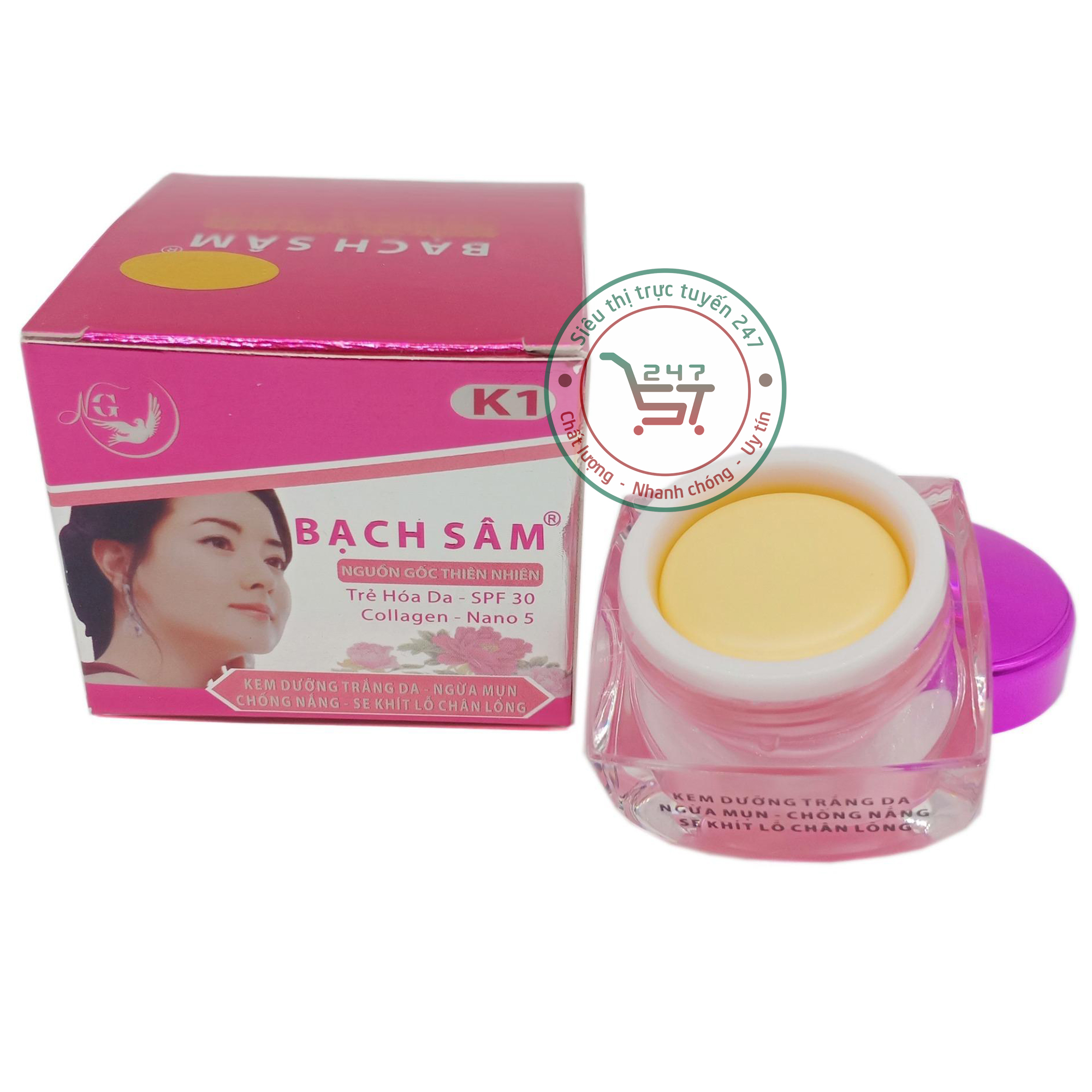 Kem Mụn Trắng da Mờ sẹo Thâm Chống nắng Se khít lỗ chân lông Bạch Sâm K1 18g (tím-xám)