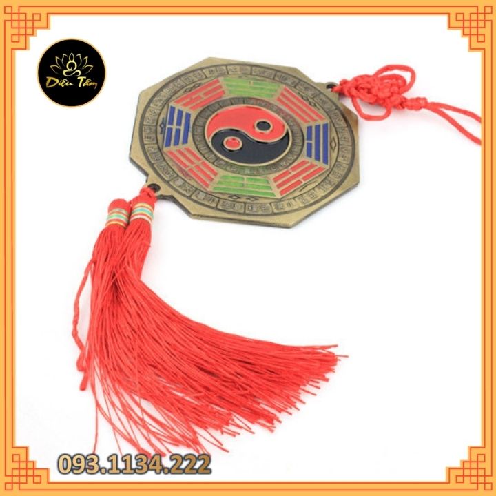 Gương Bát quái âm dương mặt sau hổ phù gương bát quái phong thủy có dây treo tâm kết