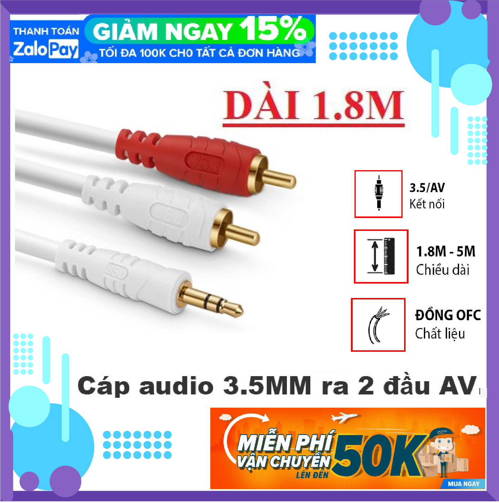 Dây cáp tín hiệu audio 3.5 ra AV ( dài 1.8 m)
