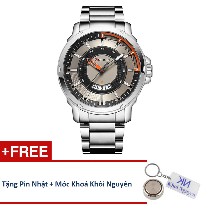 Đồng hồ nam dây thép không gỉ Curren 82KCN29 (Trắng phối nâu) + Tặng pin Nhật, móc khoá Khôi Nguyên