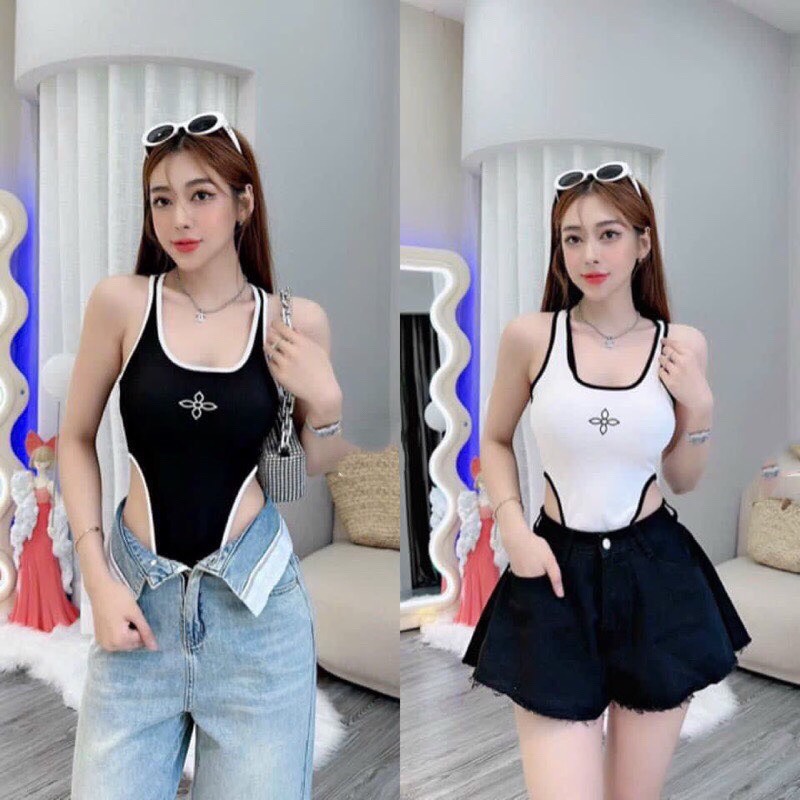 Áo Liền Thân Bodysuit ba lỗ Cổ Tròn Họa Tiết Thêu Ngực Cột Dây Eo Cuốn Hút thêu logo hai màu đen trắng