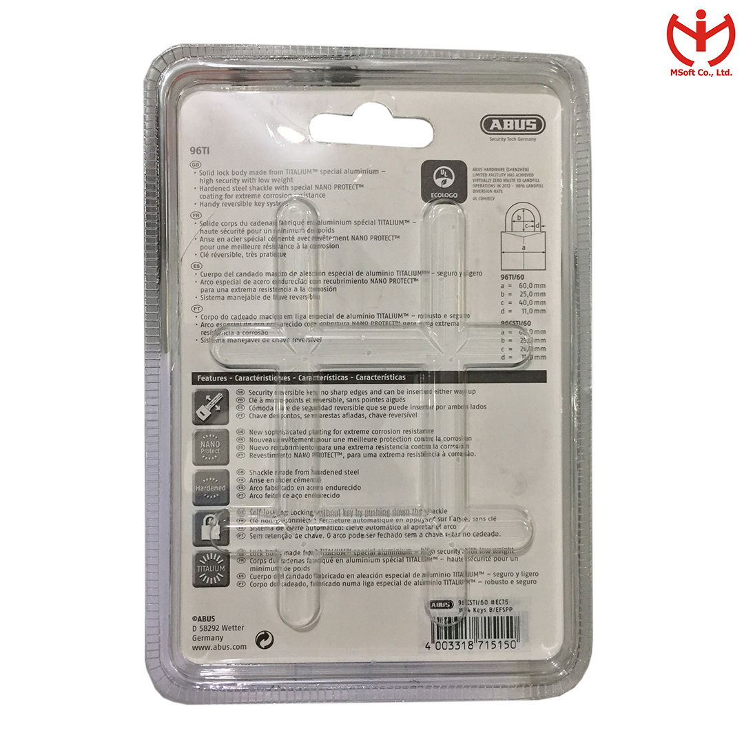 Khóa ABUS 96TI/60 thân TITALIUM rộng 60mm - MSOFT