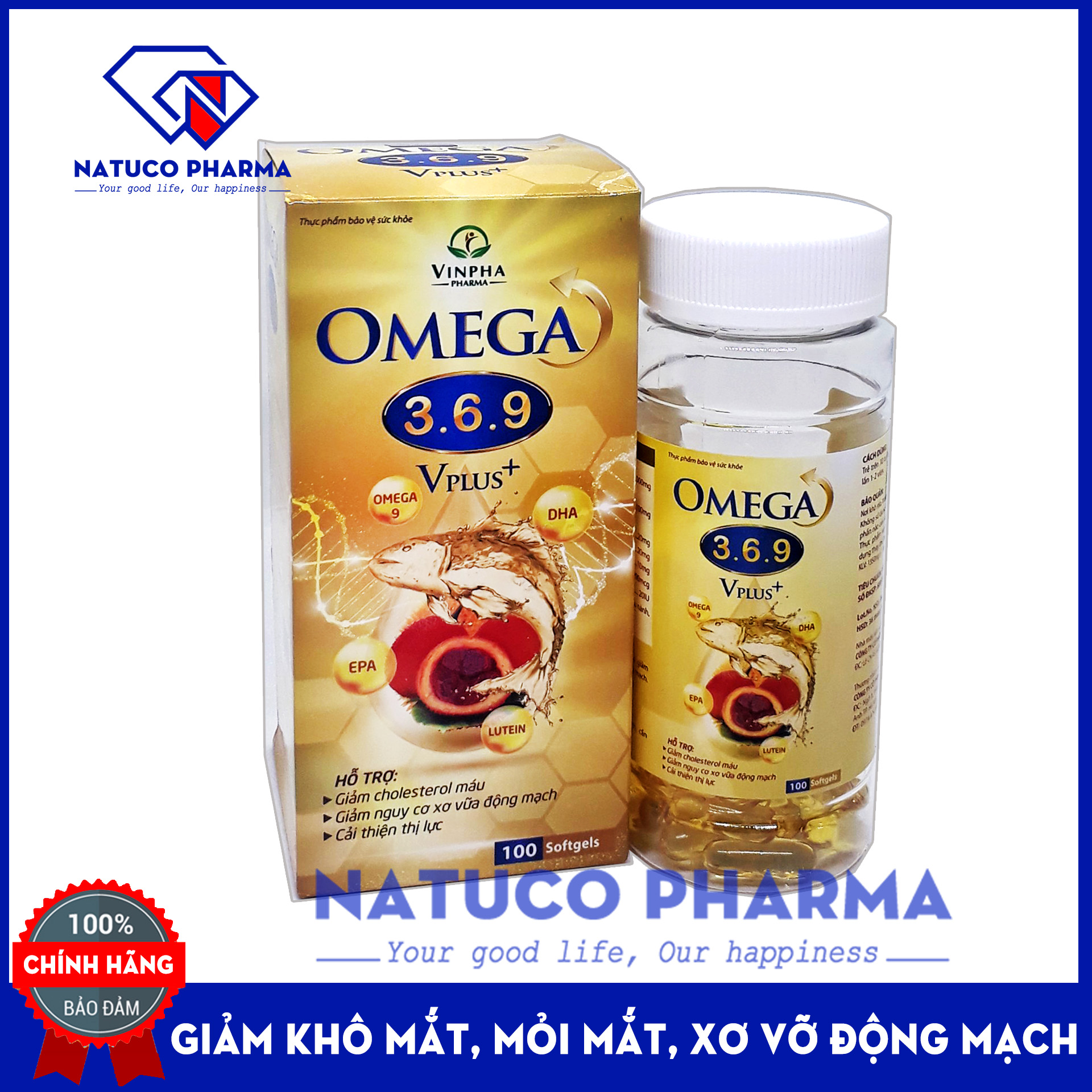 Viên dầu cá Omega 3 6 9 Vplus - Hộp 100 viên - dầu gấc, dầu hoa anh thảo giúp bổ não, sáng mắt, khỏe tim mạch