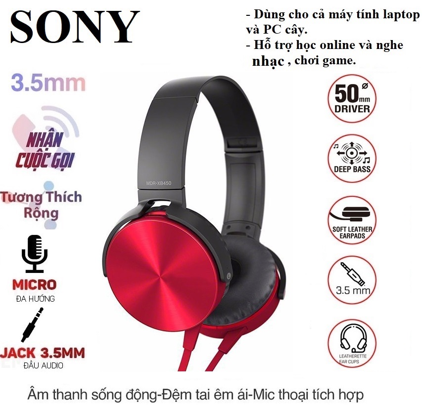 Tai nghe chụp tai SONY có míc hỗ trợ học online và chơi game chính hãng dây 3.5mm chống đứt ( SIÊU BỀN )