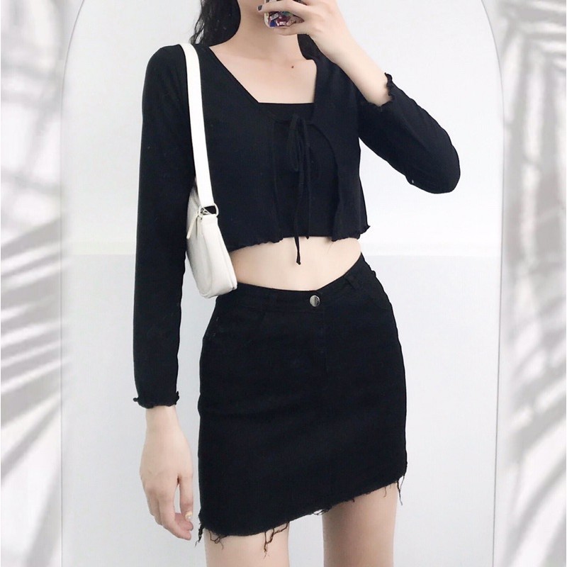 Set Áo 2 Món Khoác Cardigan Tay Dài Cột Nơ ( Kèm Áo Ống )