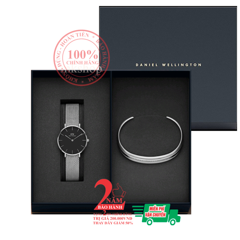 [NEW] Hộp quà đồng hồ nữ Daniel Wellington Classic Petite Sterling 32mm (Mặt Đen) + Vòng tay DW Braclet- màu bạc (Silver)- DW00500232