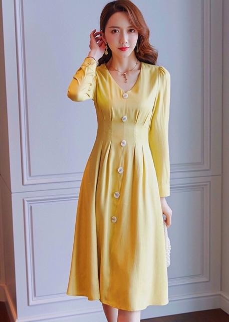 [HCM]Đầm vàng xếp li tay dài