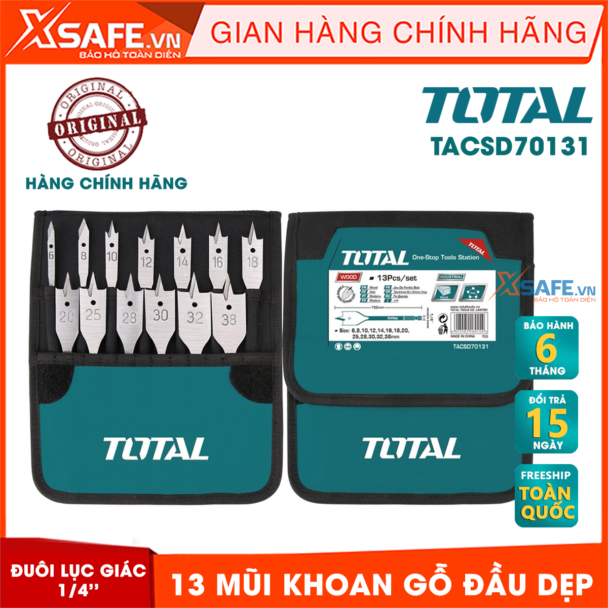 Combo 13 Wood drill bits head cleaner total TACSD70131 genuine, wood drill bits tail hexagonal length 152mm, with safety design, compact, smart and brings pleasure-product genuine xsafe