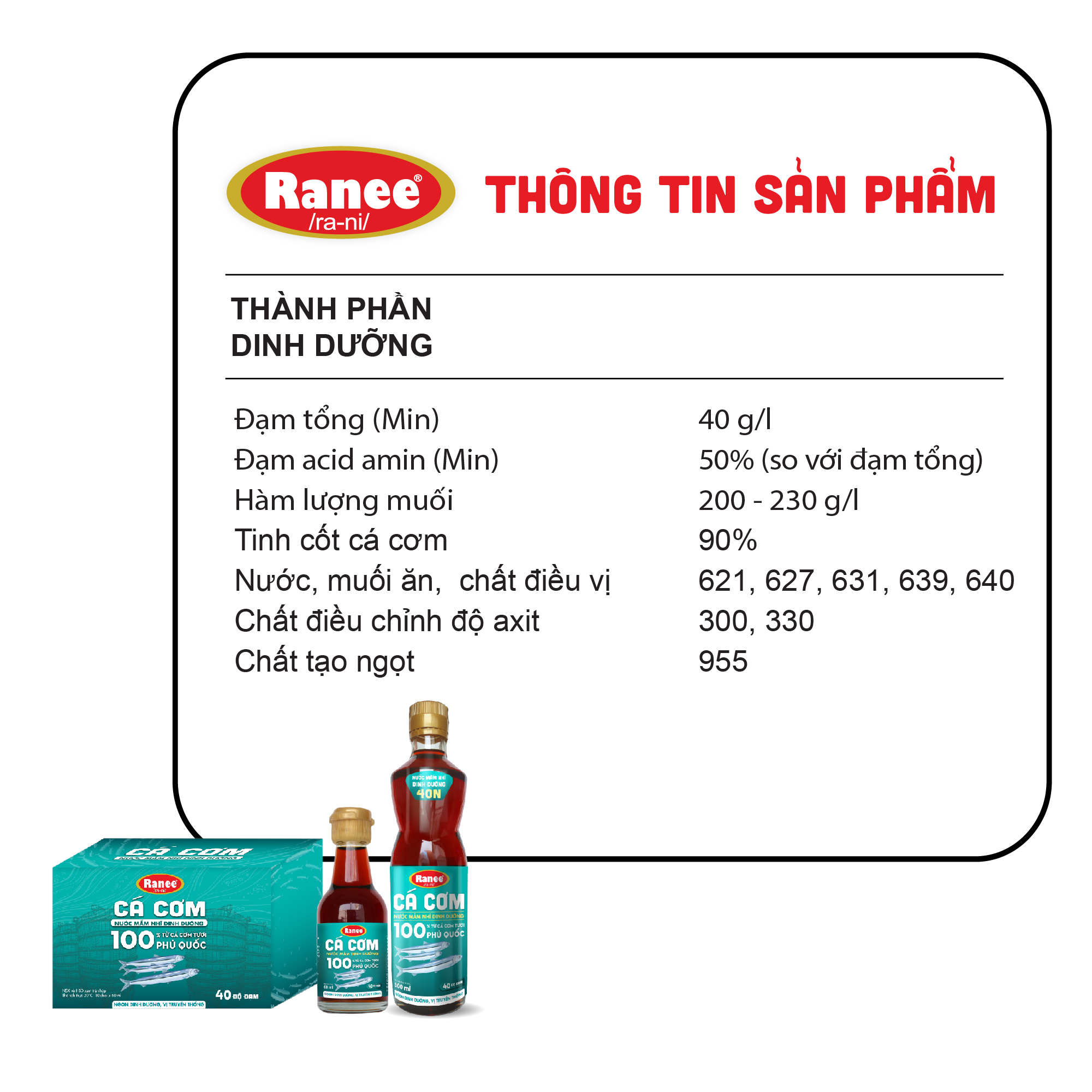 {Đơn 199k tặng hộp bơ -399k tặng vá gỗ} Combo 5 chai nước mắm nhĩ dinh dưỡng Ranee Cá Cơm 40 ĐỘ ĐẠM chai 60ml ( 5 x 60ml)