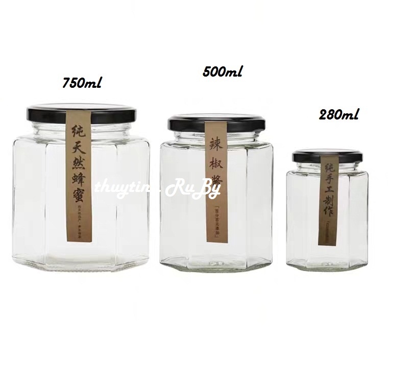 Hũ Lọ Thủy Tinh Đựng Thực Phẩm Lục giác 380ml, Hủ Đựng mật ong, Lọ Gia vị lục lăng, Lọ thủy tinh 5 cạnh đựng bột nghệ, lo dung thuc pham kho