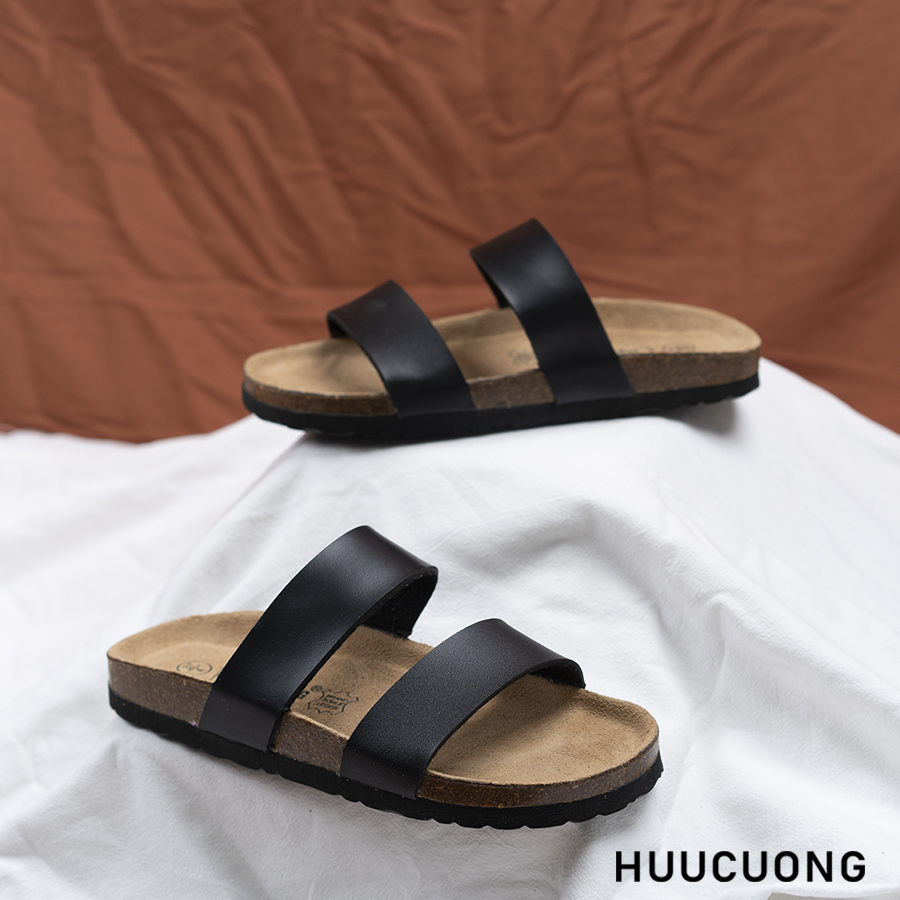 Dép đế trấu unisex 2 quai da pu đen