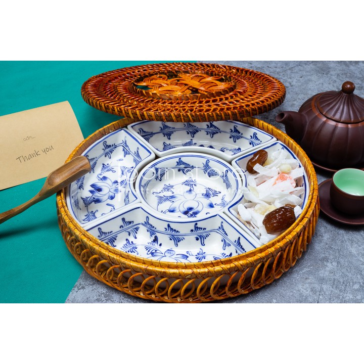 Khay mứt tết sứ Bát Tràng vỏ khay mây đan thủ công (Tổng hợp họa tiết 01)