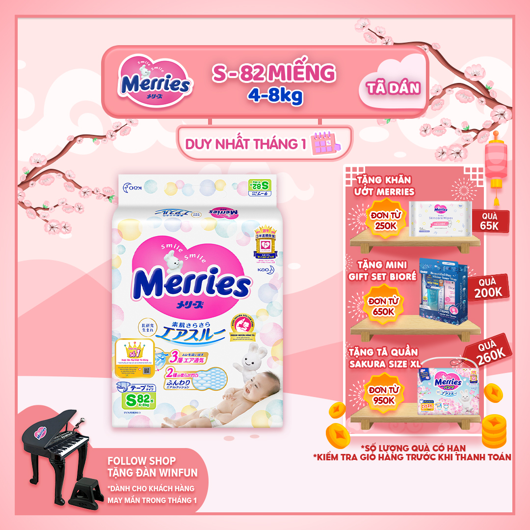 Tã/bỉm dán Merries size S – 82 miếng (Cho bé 4-8kg)