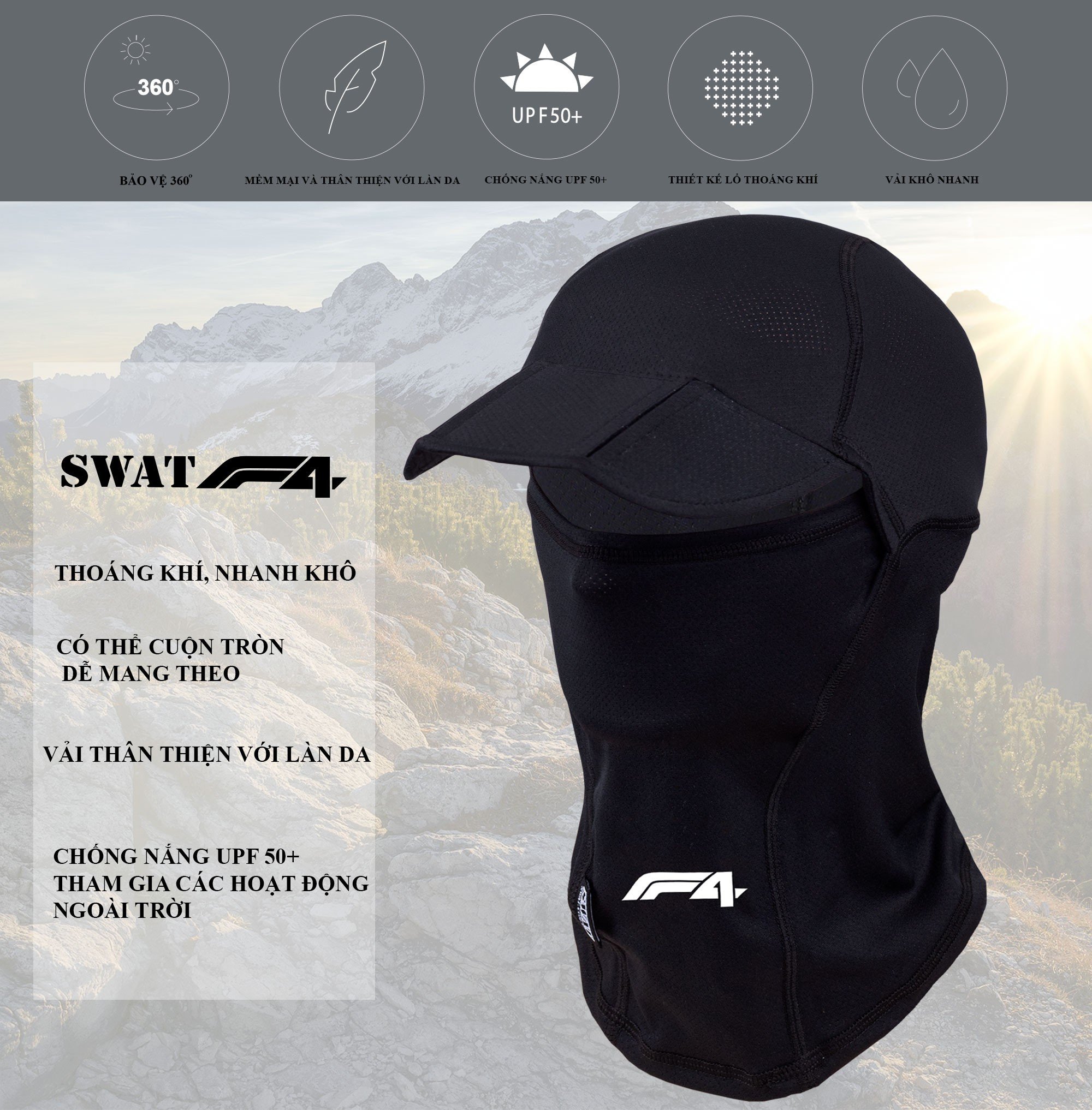 Khăn trùm đầu ninja SWAT F4 vải siêu co dãn, thoáng mát, logo phản quang