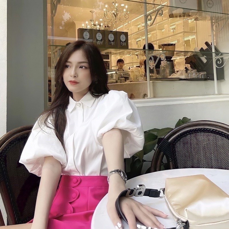 Áo sơ mi tay phồng cúc ngọc EMIX, chất lụa thô, freesize dưới 55kg, basic, cổ sơ mi, cộc tay 856