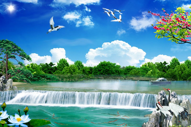 Tranh dán tường 3D phòng khách chất liệu vải lụa- Sơn Thủy Hữu Tình- đặt in theo kích thước yêu cầu