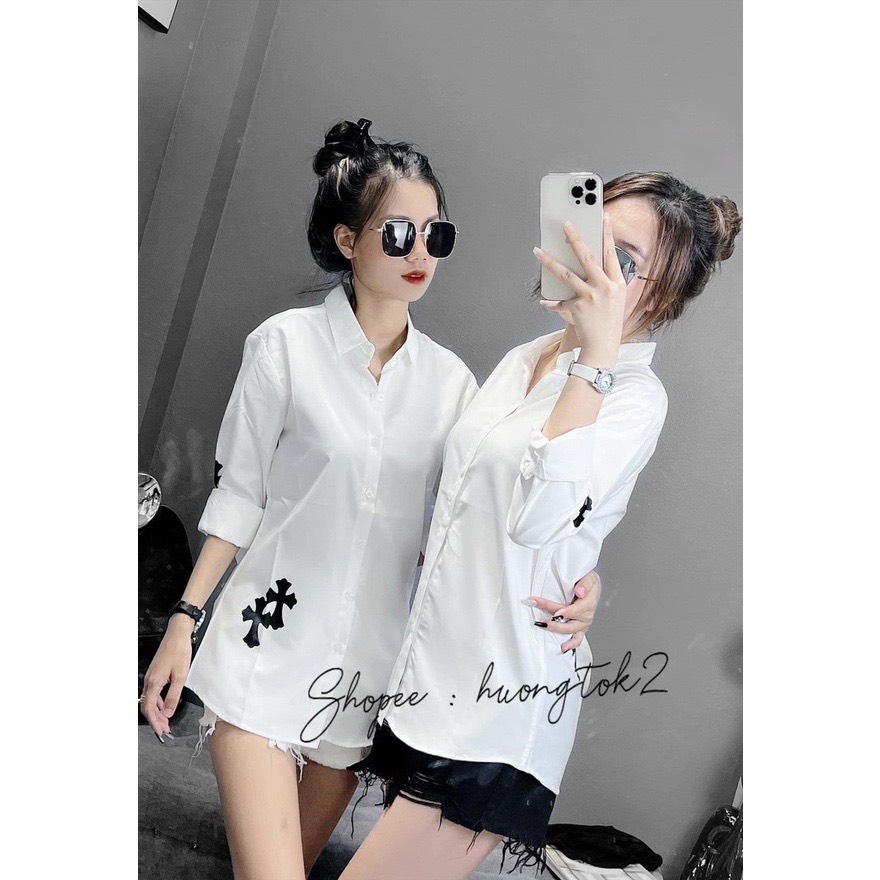 Áo sơ mi lụa chữ thập đen