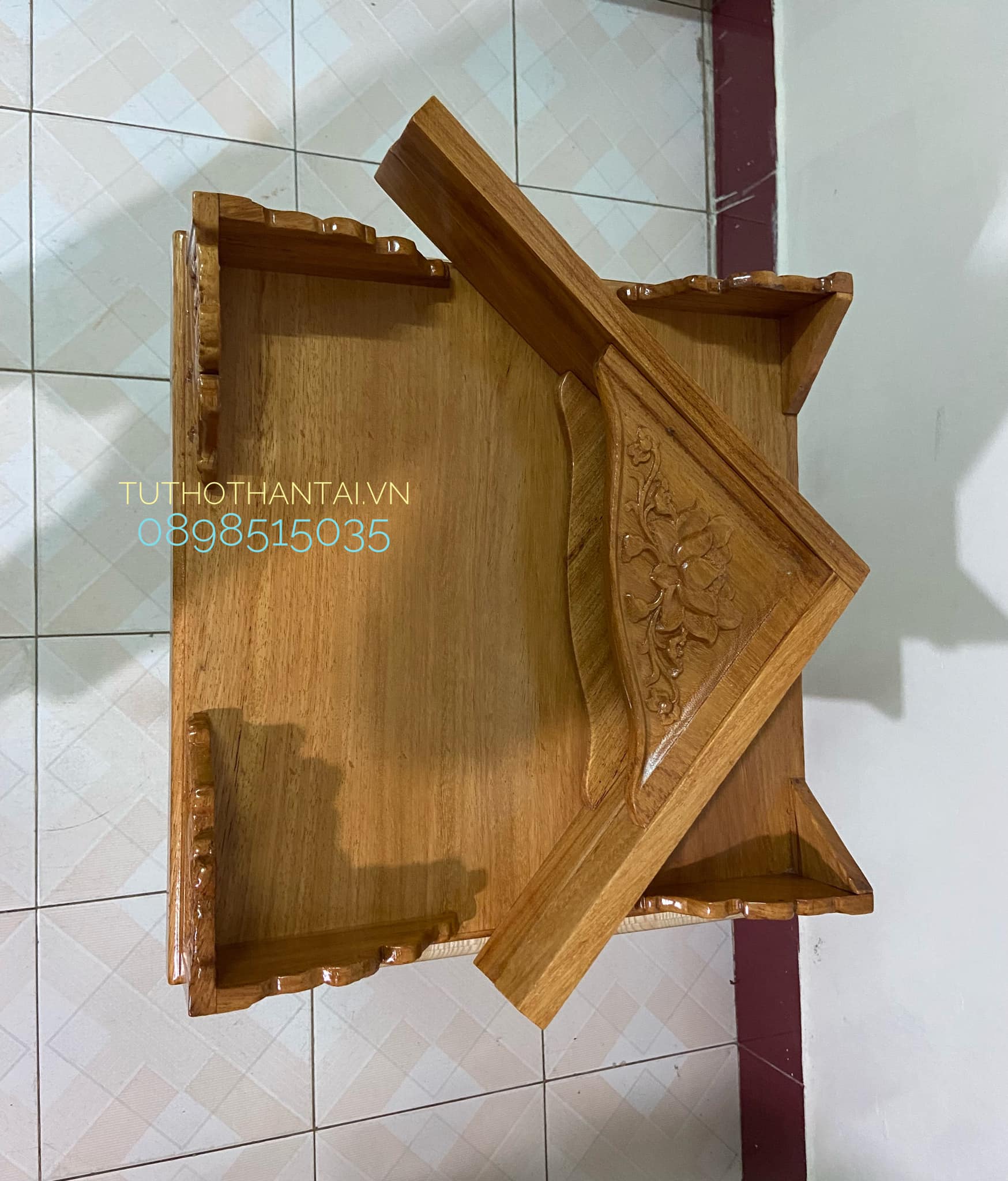 Bàn thờ treo tường chạm Hoa Sen 40CM - Gỗ Gõ Đỏ
