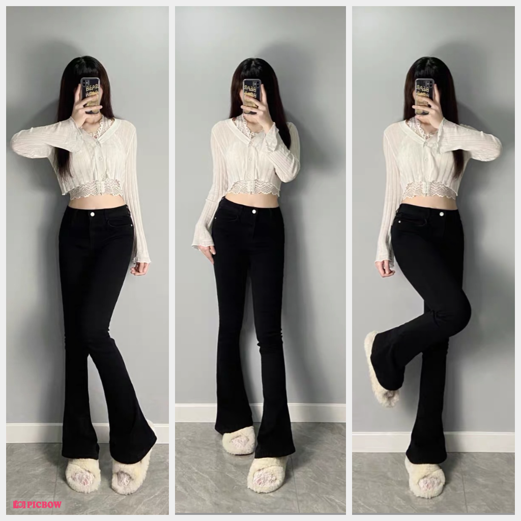 [HCM] QUẦN ỐNG LOE NỮ ĐEN DÀI XINH CỰC LƯNG CAO VẢI DENIM CO GIÃN TỐT ➜ ➜ ➜ TÔN EO + KHOE ĐƯỜNG CONG CƠ THỂ