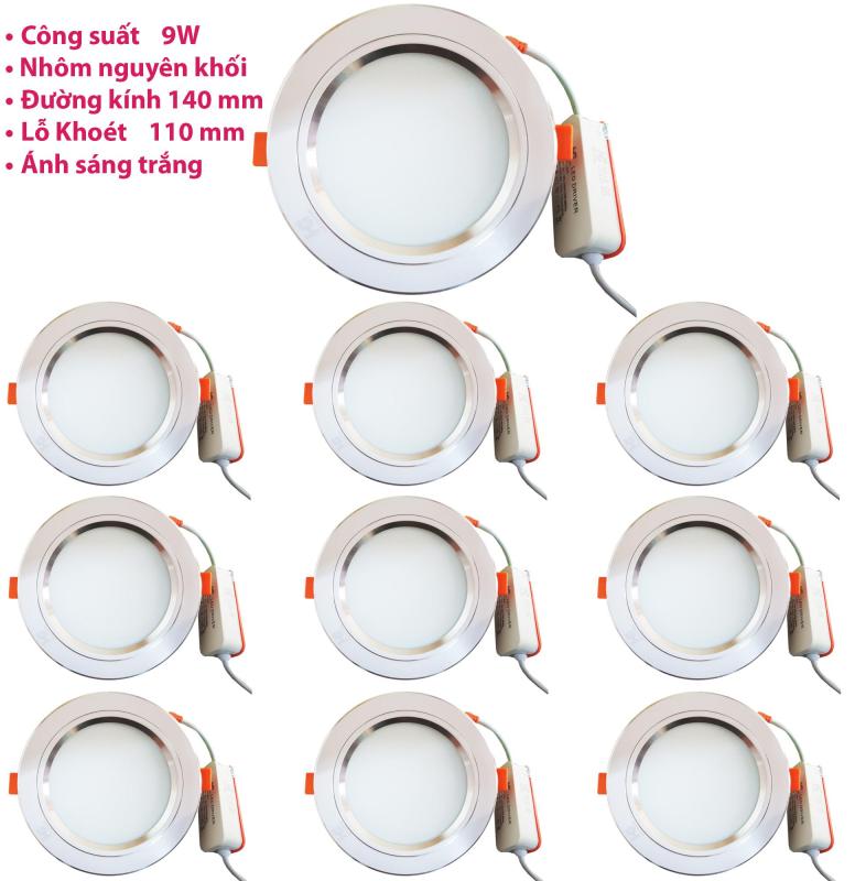 Bộ 10 đèn led âm trần 9w viền bạc ánh sáng trắng