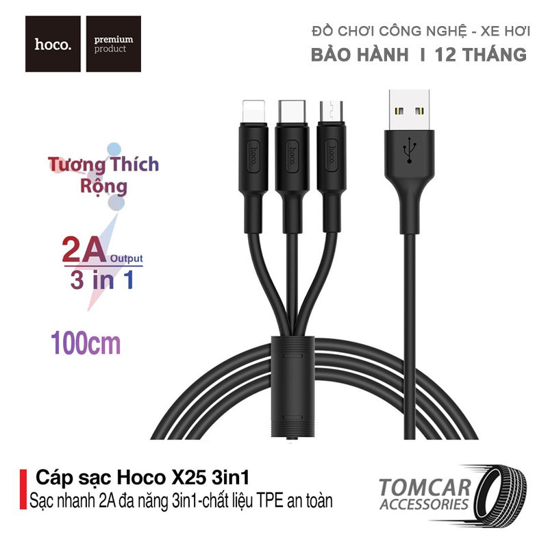 Cáp sạc 3 trong 1 Hoco X25- Cáp sạc 3 đầu Lightning-Micro USB-Type C