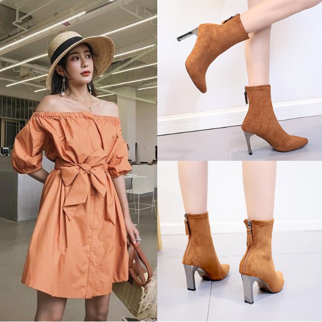 [HCM]Giày Boot Nữ Cổ Lửng Đế 8Cm Da Lộn Màu Da Bò GBMN-01B2