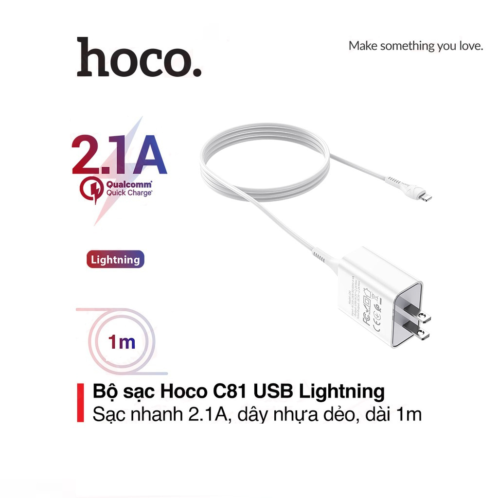 Bộ sạc nhanh 2.1a hoco c81 chuôi dẹt kèm dây sạc lightning 100cm cho iphone