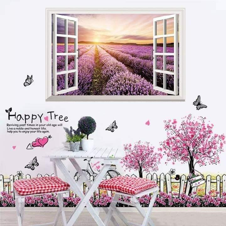 Decal dán tường cửa sổ tím và hàng rào hồng