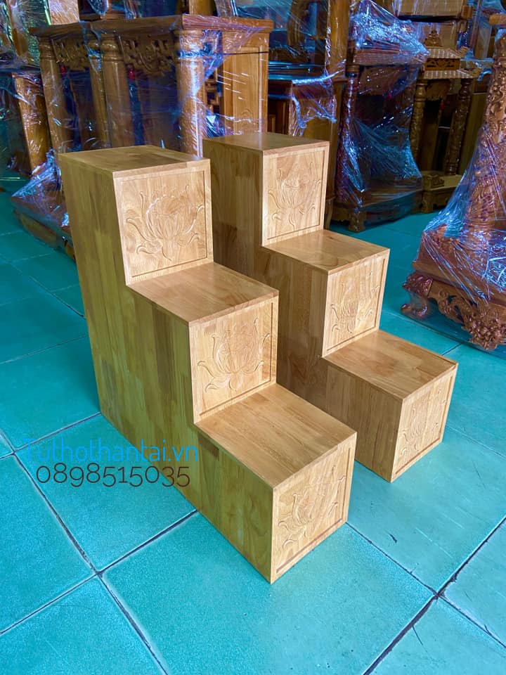 Bục tam cấp bàn thờ thần tài khắc Hoa Sen ( Hàng loại 1 100% Gỗ )