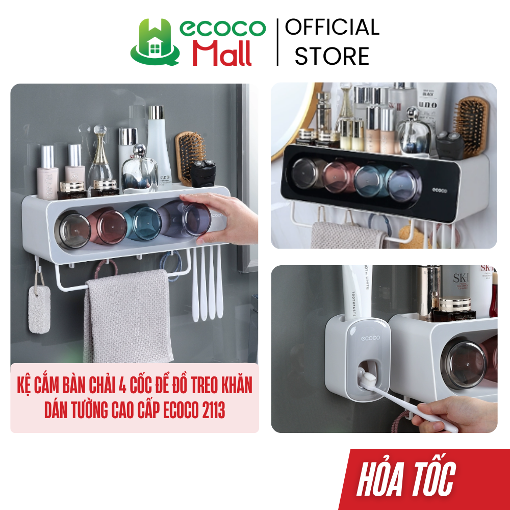 Kệ cắm bàn chải 4 cốc để đồ treo khăn Ecoco không cần khoan tường cao cấp mẫu mới 2021