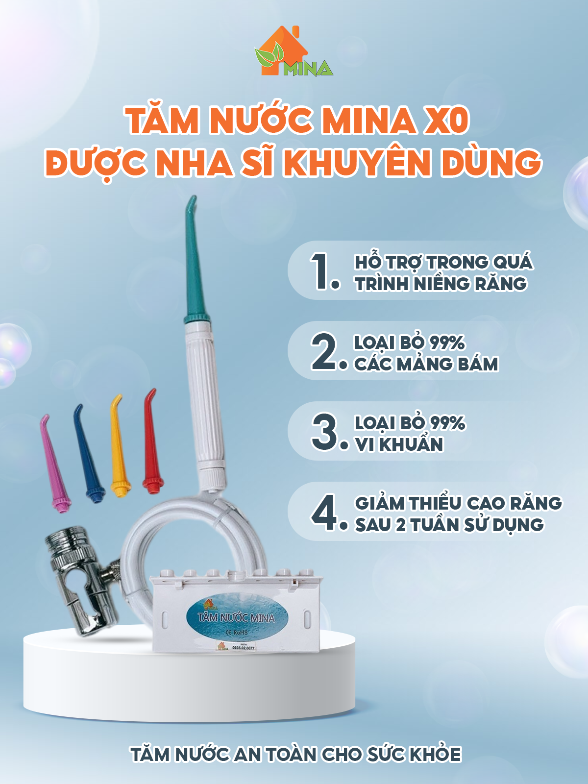 Máy Tăm Nước Mina. Tăm Nước Bảo Hành Đổi Mới 24 tháng. Công Nghệ Nhật Không Dùng Điện. Bóp Nước Vòi Rửa Mặt Tạo Áp Lực. Tặng Kèm 5 Đầu Tăm