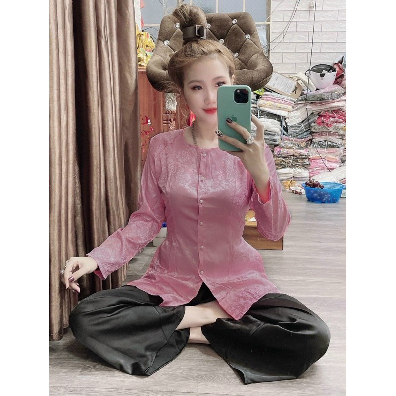 Áo bà ba lụa gấm vân cao cấp đi lễ chùa thiết kế cách tân đồ lam truyền thống hàng loại 1 kèm quần may sẵn nhiều màu, đồ đi chùa