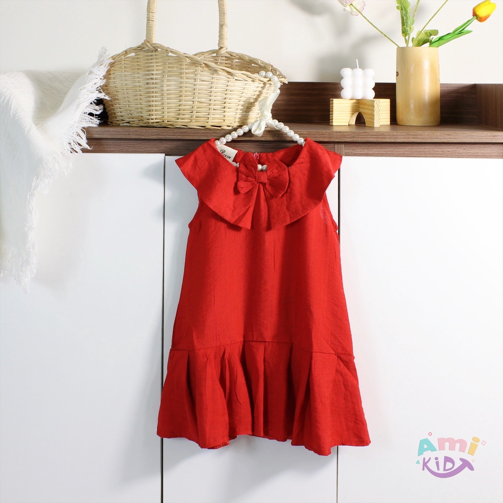 Váy đỏ cho bé amikids, đầm chữ a kèm nơ xinh xắn cho bé gái 1, 2, 3, 4, 5, 6, 7 tuổi