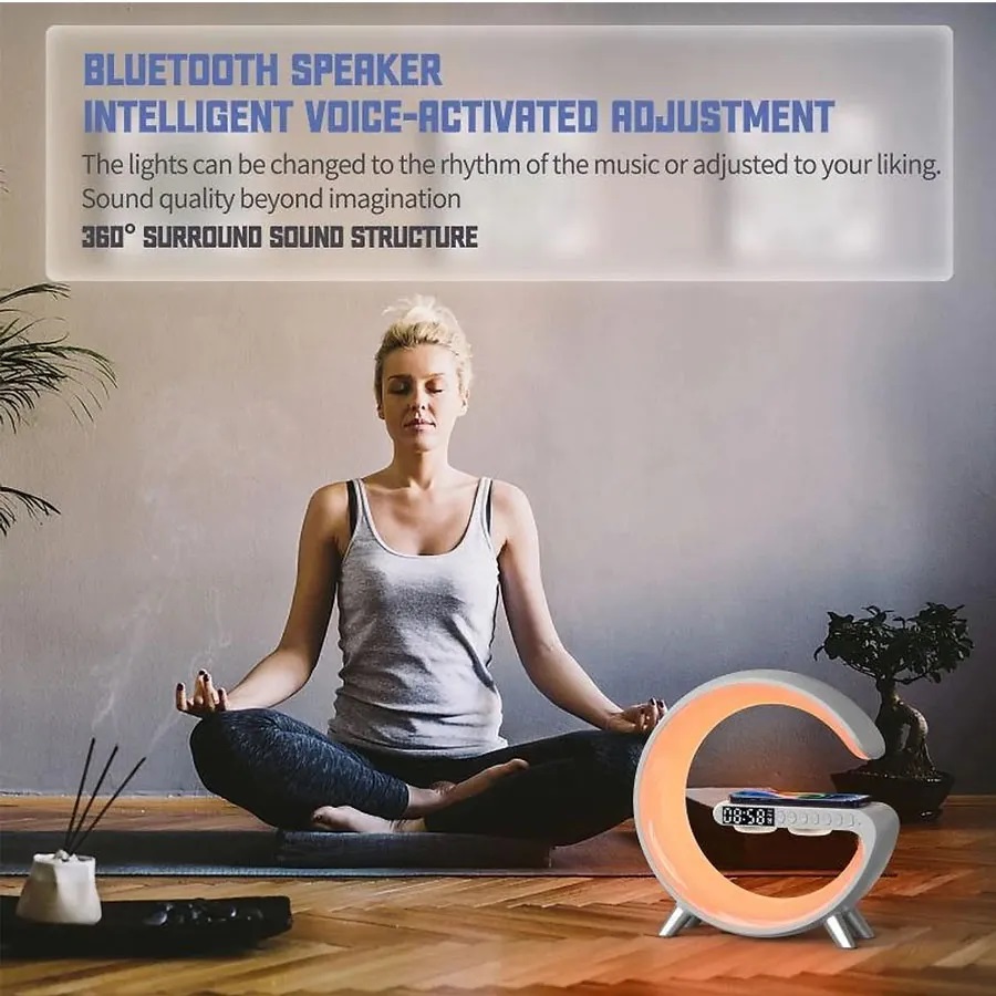 Loa nghe nhạc bluetooth quản lý bằng app , Đèn ngủ decor phòng ngủ đa sắc cảm biến theo nhạc, Đế sạc dự phòng không dây siêu tiện lợi, Đồng hồ báo thức thông minh hình chữ G NIMOCHA