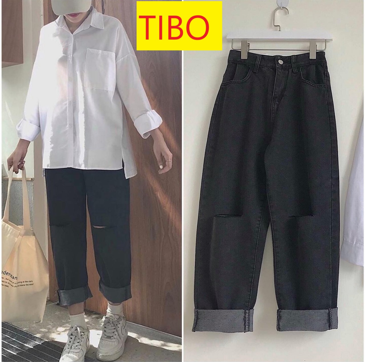 QUẦN JEAN ỐNG RỘNG NỮ LƯNG CAO MÀU ĐEN RÁCH 2 GỐI CAO CẤP TIBO LAI CUỐN ĐỦ SIZE S, M, L SIÊU PHONG CÁCH HÓT HÒN HỌT, CUỖM NGAY KHÁCH YÊU ƠI