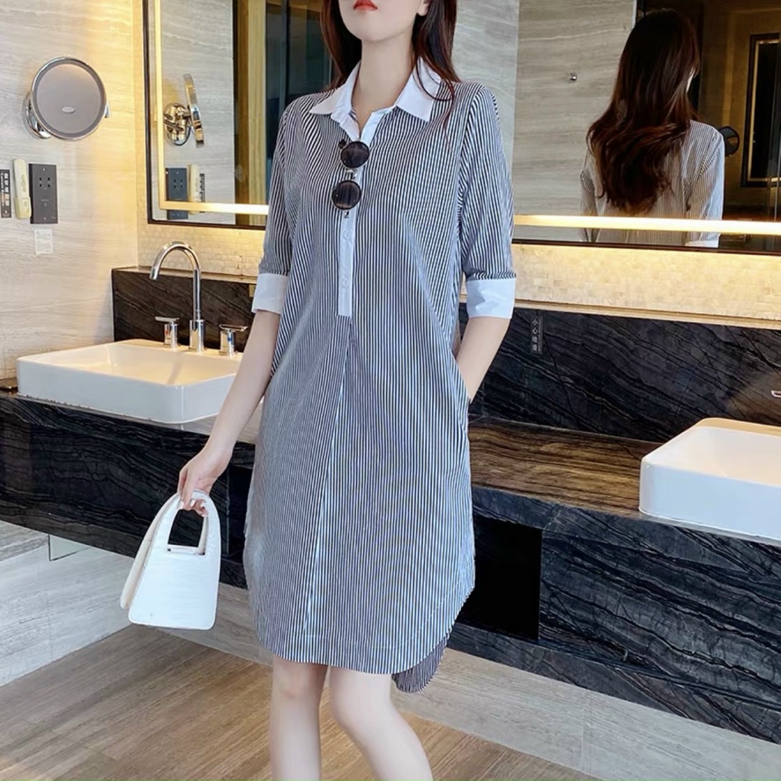 Đầm sơ mi sọc 2 màu
