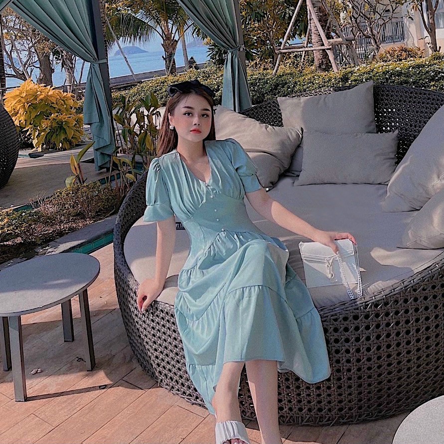 Đầm váy mint tầng cổ v nút ngọc