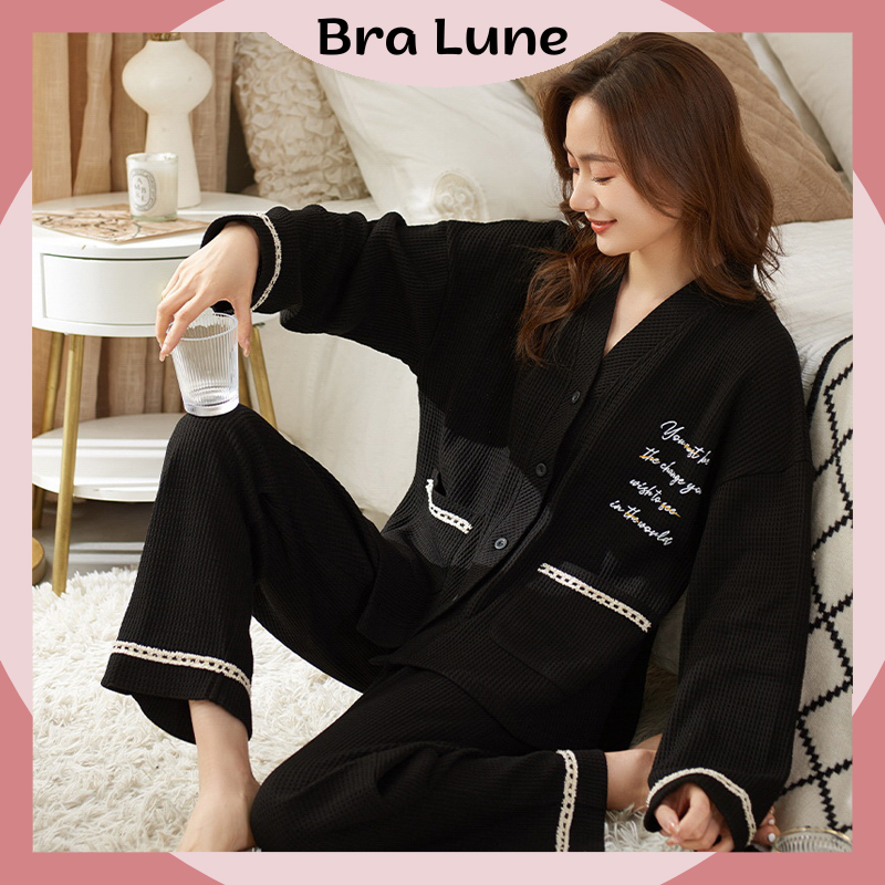 Bộ đồ ngủ nữ cotton họa tiết đơn giản dễ thương, đồ ngủ nữ pijama dài tay khuy cài thoáng khí mã 1059