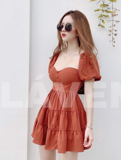 [HCM]Đầm tay phồng đính nút cổ vuông cực xinh