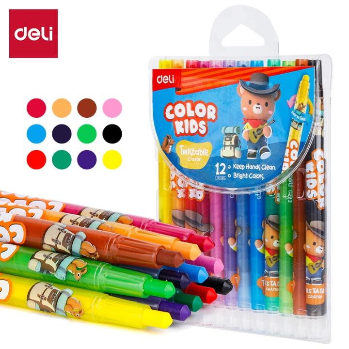 Bút Sáp Vặn Gấu Con Deli - 12/24 Màu Sáp Tươi Sáng Lên Màu Chuẩn An Toàn Cho Trẻ Nhỏ Học Sinh Tô Vẽ Tranh