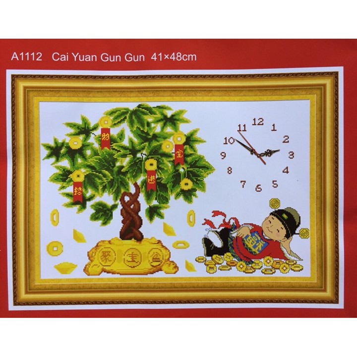 Tranh thêu TL Đồng hồ Cha Mẹ,Thần Tài