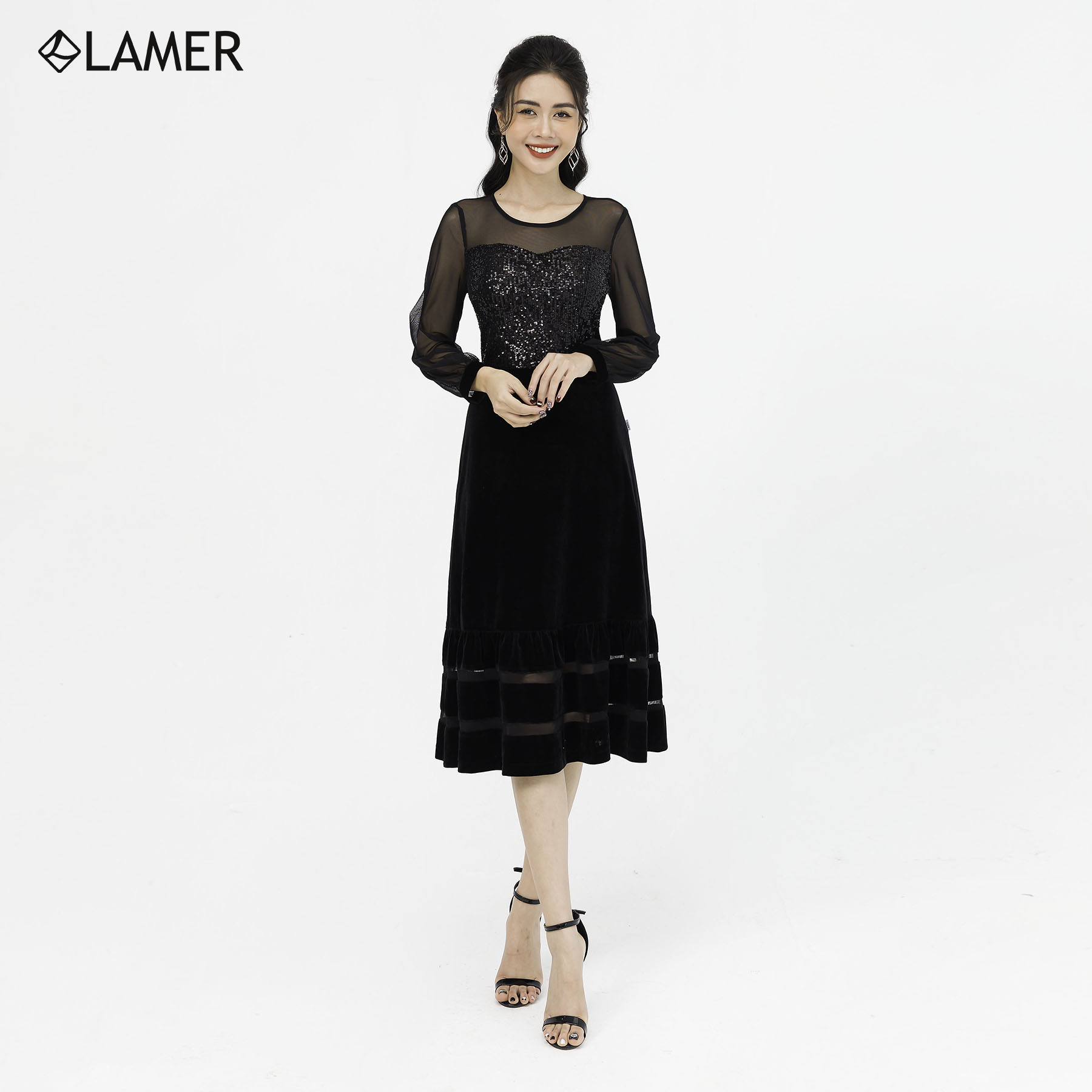 Đầm dạ hội lamer nhung nhún gấu s63l20q050