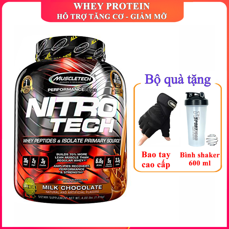[TẶNG BAO TAY VÀ BÌNH] Sữa tăng cơ cao cấp Whey Protein Nitro Tech của MuscleTech hộp 1.8 kg hỗ trợ tăng cơ giảm cân đốt mỡ tăng sức bền sức mạnh vượt trội cho người tập gym và chơi thể thao cao cấp