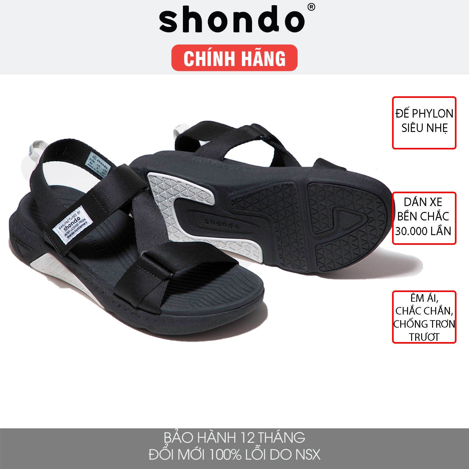 Giày sandal Shondo F7 nam nữ đi học đế cao đen fulll F7R1010