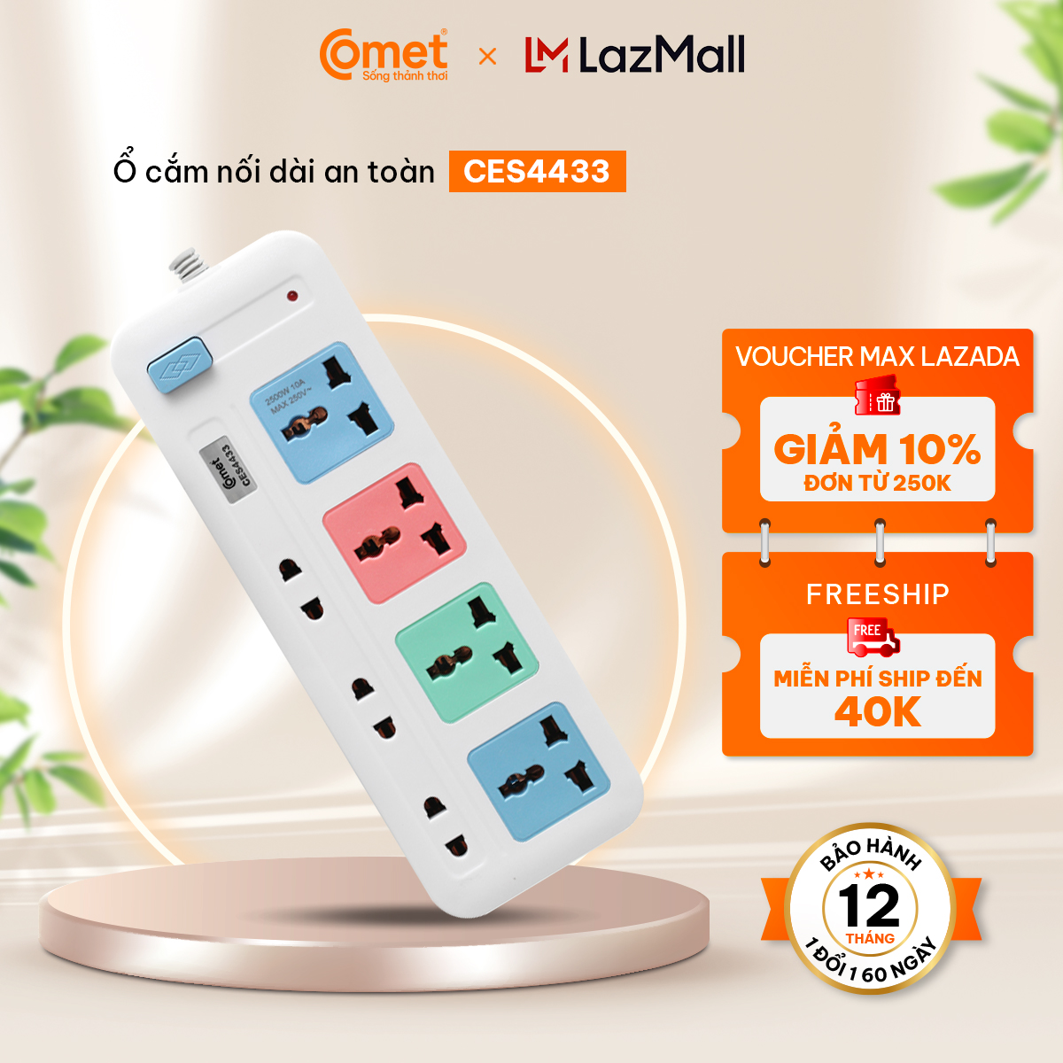 Ổ Cắm Điện Nối Dài Comet CES4433 nhựa ABS cao cấp, Thiết kế 4 lỗ cắm 3 chấu và 3 lỗ cắm 2 chấu, dây 3m - Hàng Chính Hãng