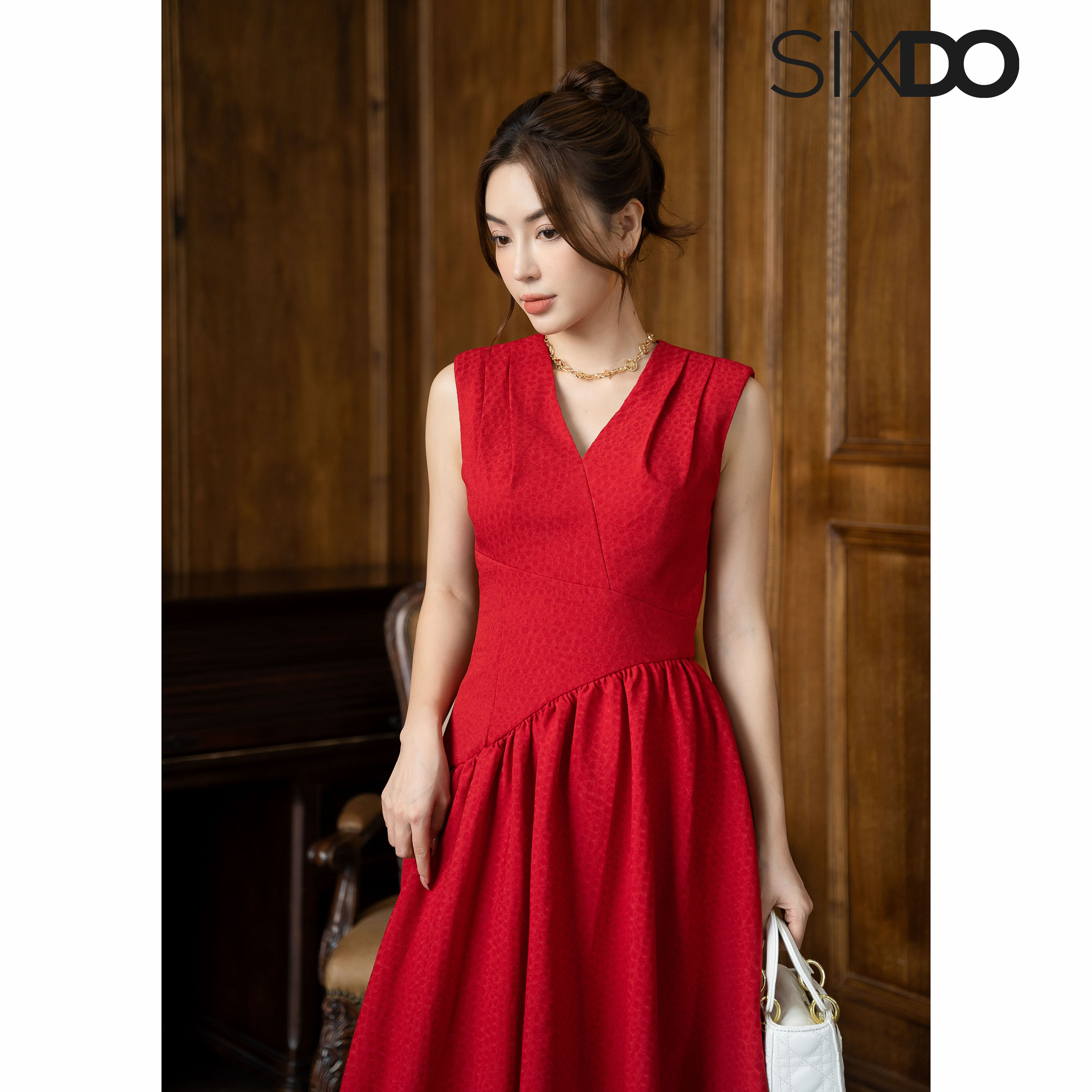 Đầm sát nách cổ V xòe bồng thời trang SIXDO
